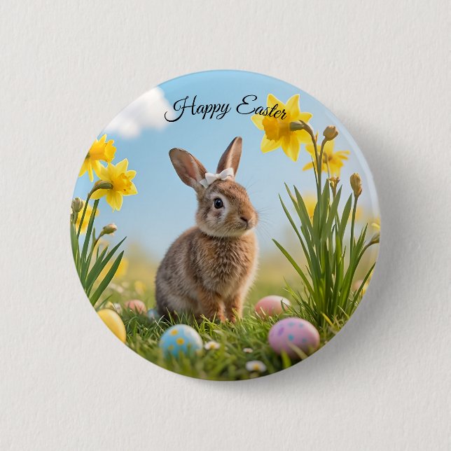 Niedlich Osterhase und Daffodin Button (Vorderseite)