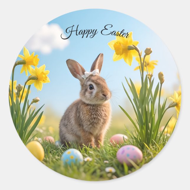Niedlich Osterhase und Daffodin Runder Aufkleber (Vorderseite)