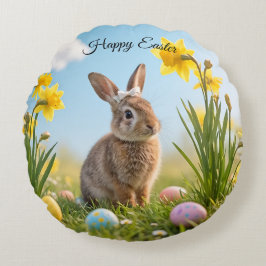 Niedlich Osterhase und Daffodin Rundes Kissen