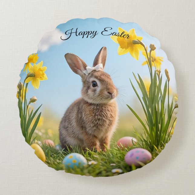 Niedlich Osterhase und Daffodin Rundes Kissen (Vorderseite)
