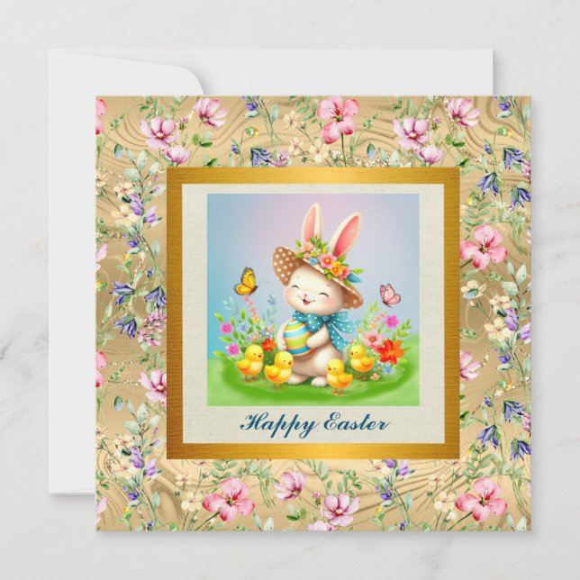 Niedlich Osterhase und glückliche Frühlingsblumen  Einladung (Vorderseite)