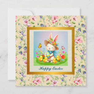 Niedlich Osterhase und glückliche Frühlingsblumen  Einladung