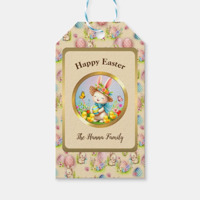 Niedlich Osterhase und glückliche Frühlingsblumen  Geschenkanhänger (Vorderseite)