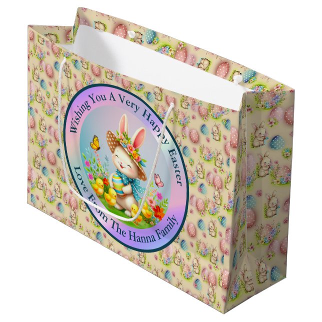 Niedlich Osterhase und glückliche Frühlingsblumen  Große Geschenktüte (Vorderseite Schrägansicht)