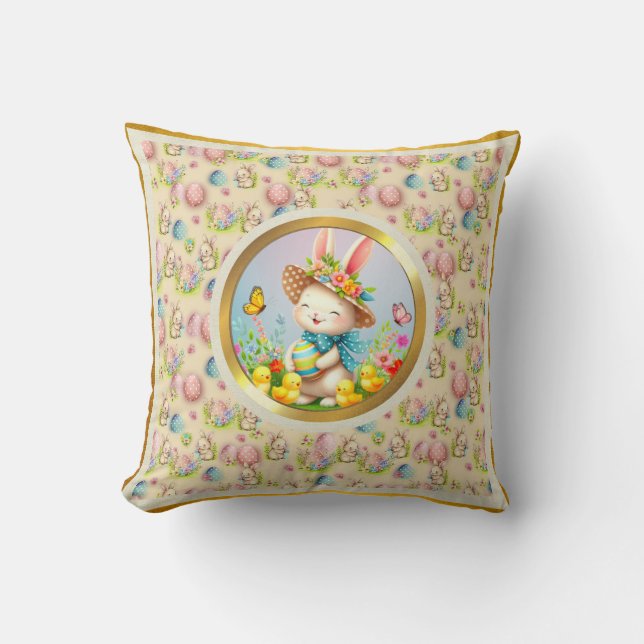 Niedlich Osterhase und glückliche Frühlingsblumen  Kissen (Vorderseite)