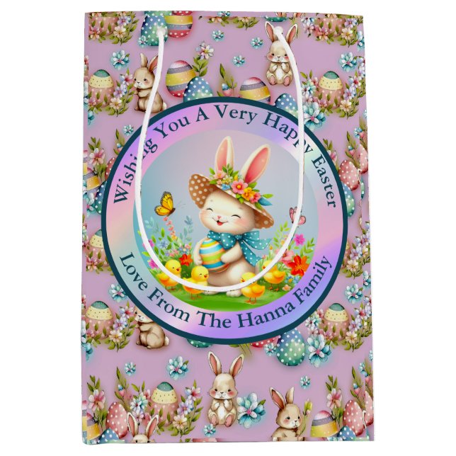Niedlich Osterhase und glückliche Frühlingsblumen  Mittlere Geschenktüte (Vorderseite)