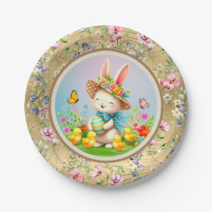 Niedlich Osterhase und glückliche Frühlingsblumen  Pappteller