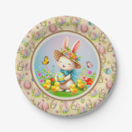 Niedlich Osterhase und glückliche Frühlingsblumen  Pappteller