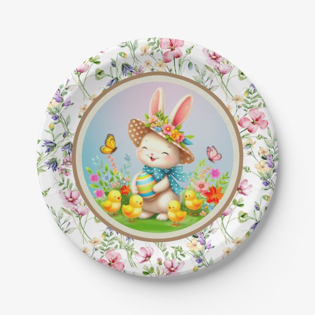 Niedlich Osterhase und glückliche Frühlingsblumen  Pappteller (Vorderseite)