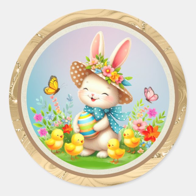 Niedlich Osterhase und glückliche Frühlingsblumen  Runder Aufkleber (Vorderseite)
