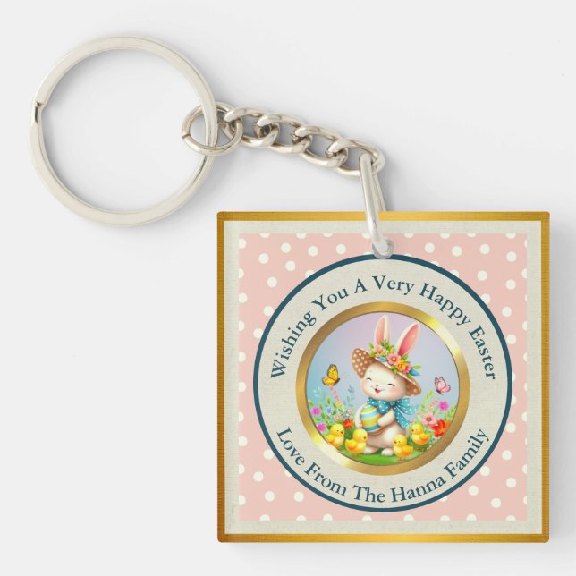 Niedlich Osterhase und glückliche Frühlingsblumen  Schlüsselanhänger (Vorderseite)