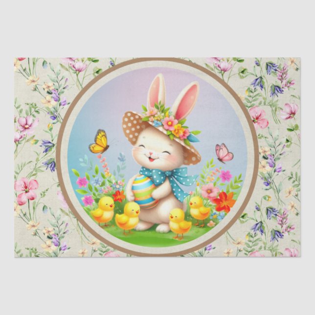 Niedlich Osterhase und glückliche Frühlingsblumen  Seidenpapier (Vorderseite)