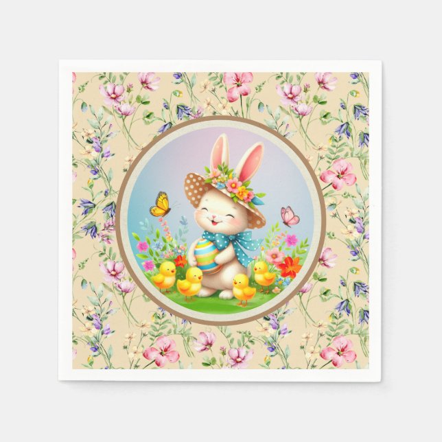 Niedlich Osterhase und glückliche Frühlingsblumen  Serviette (Vorderseite)