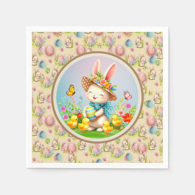 Niedlich Osterhase und glückliche Frühlingsblumen  Serviette (Vorderseite)