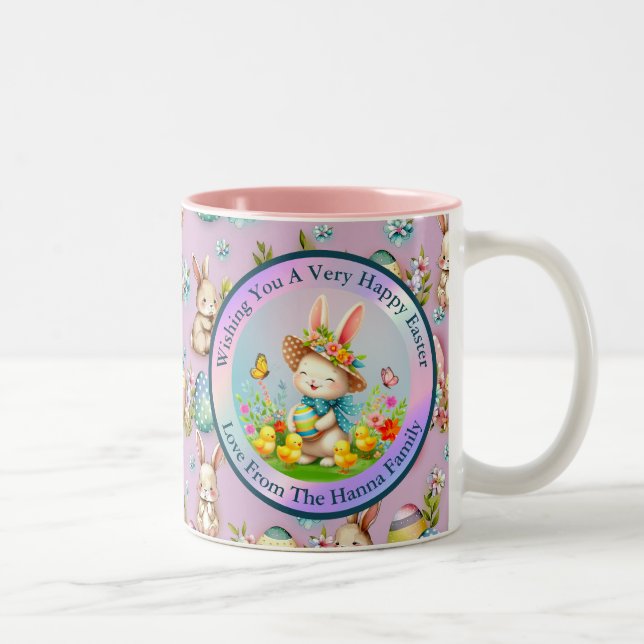 Niedlich Osterhase und glückliche Frühlingsblumen  Zweifarbige Tasse (Rechts)