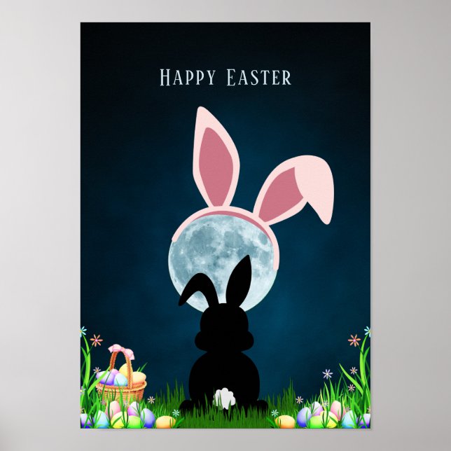 Niedlich Osterhase und Vollmond Ostern Poster (Vorne)