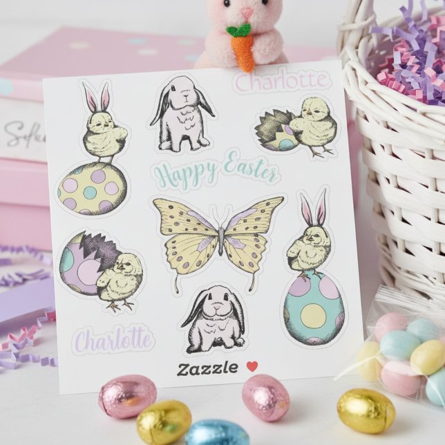 Niedlich Osterküken, Bunny, Butterfly & Individuel Aufkleber (Cute Happy Easter Bunny Rabbit, Colorful Eggs & Butterfly Stickers in Pastel Colors for Her)
