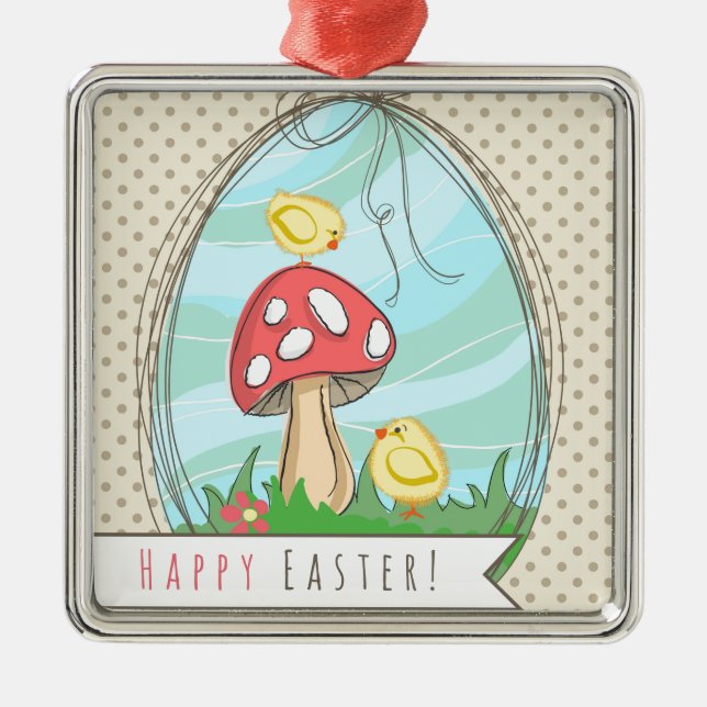 Niedlich Osterküken mit Pilz Happy Oaster Ornament Aus Metall (Vorne)