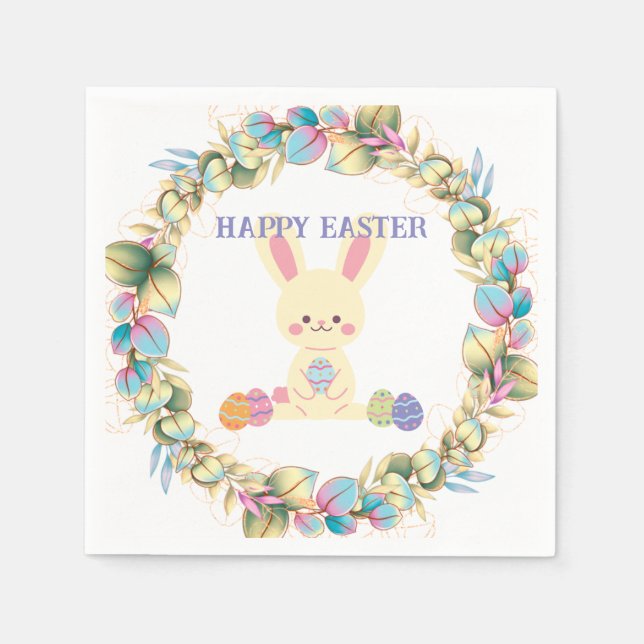 Niedlich Ostern Bunny Egg Kraut Gelb Rosa Grün Serviette (Vorderseite)