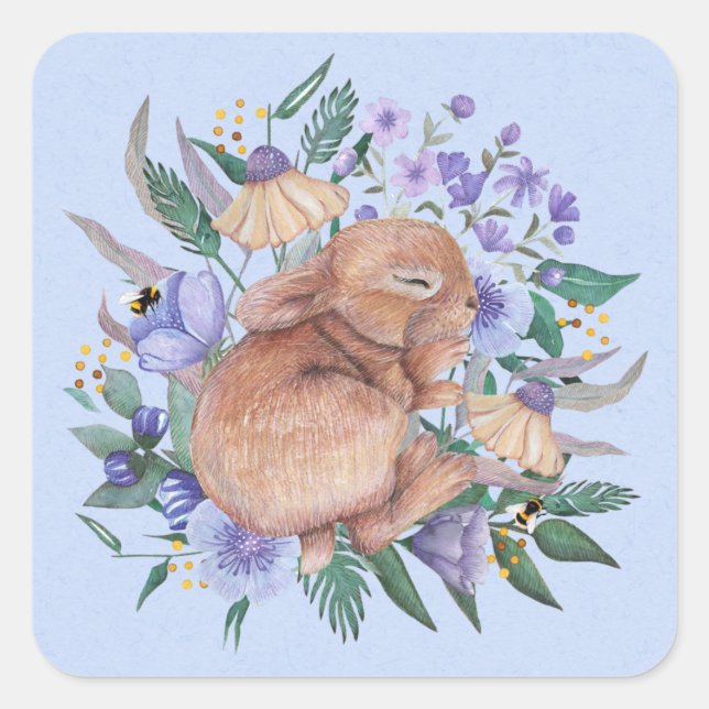 Niedlich Ostern Bunny Lila Florals Napkins Quadratischer Aufkleber (Vorderseite)