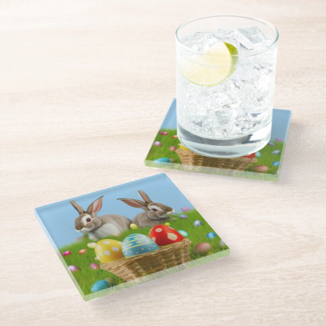Niedlich Ostern-Bunnyum für eine positive Stimmung Glasuntersetzer (Schrägansicht)