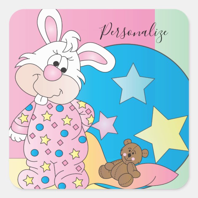 Niedlich Ostern Girl Bunny Bedtime Zeichnungen Quadratischer Aufkleber (Vorderseite)