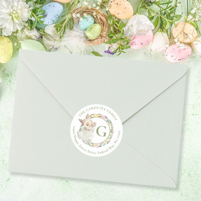 Niedlich Ostersonnenmonogramm Runder Aufkleber (Cute Easter Bunny Monogram Watercolor Floral Classic Round Sticker)