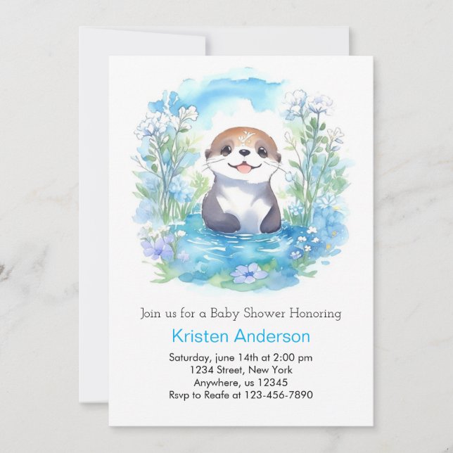 Niedlich Otter Blue Floral Boy Baby Dusche Einladung (Vorderseite)