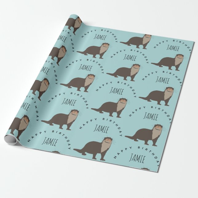 Niedlich Otter Muster Individuelle Name Geburtstag Geschenkpapier (Ungerollt)