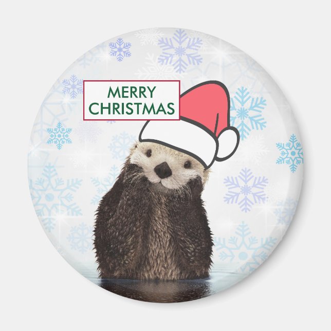 Niedlich Otter Tragen einer Weihnachtsmannmütze Fr Magnet (Vorne)
