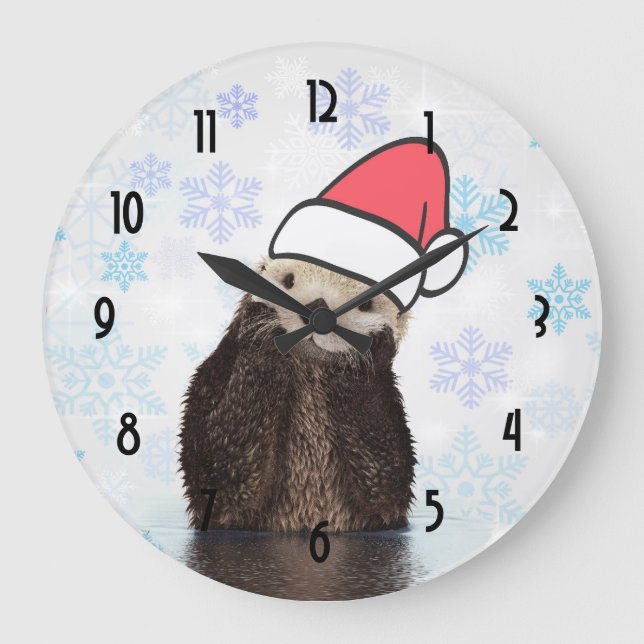 Niedlich Otter Weihnachtsmannmütze Weihnachten tra Große Wanduhr (Vorderseite)