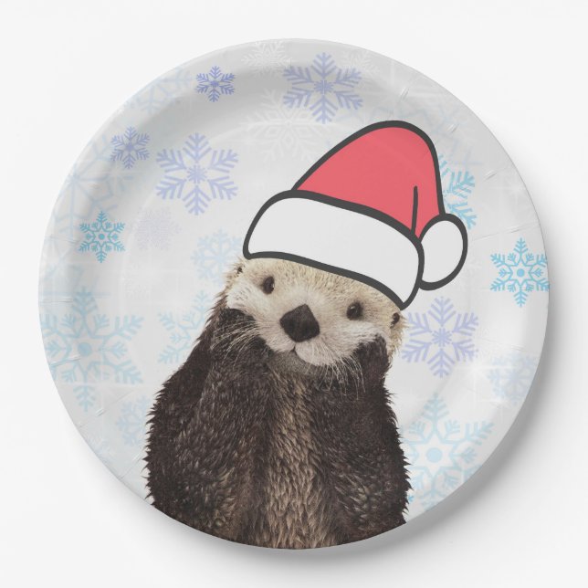 Niedlich Otter Weihnachtsmannmütze Weihnachten tra Pappteller (Vorderseite)