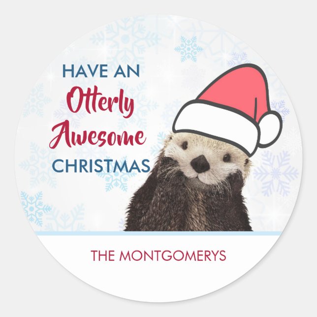 Niedlich Otter Weihnachtsmannmütze Weihnachten tra Runder Aufkleber (Vorderseite)