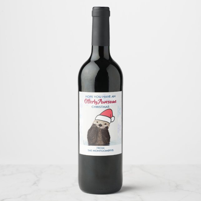 Niedlich Otter Weihnachtsmannmütze Weihnachten tra Weinetikett (Vorderseite)