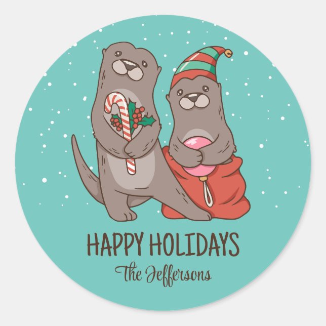 Niedlich Otter Weihnachtstierschnee Winterurlaub Runder Aufkleber (Vorderseite)