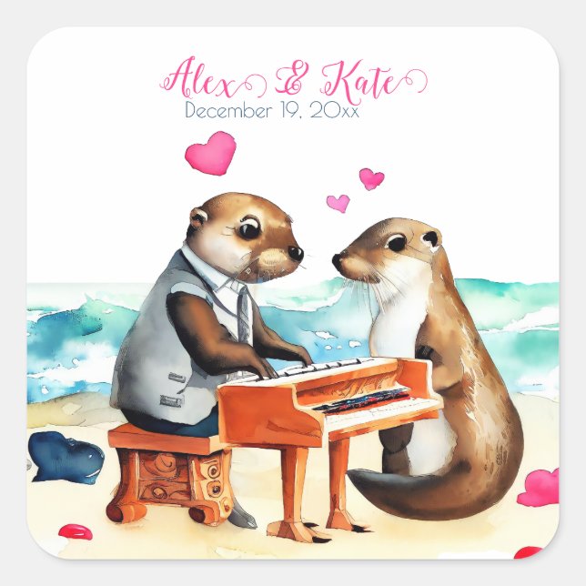 Niedlich Otters Couple | Romantische Hochzeit Quadratischer Aufkleber (Vorderseite)