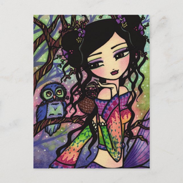 Niedlich Owl Asian Mermaid Fantasy Postkarte (Vorderseite)