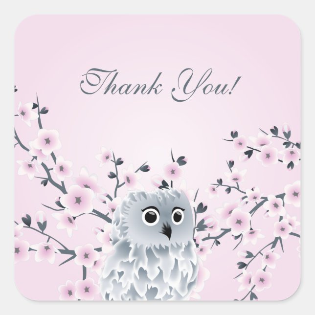 Niedlich Owl Cherry Blossom Vielen Dank Quadratischer Aufkleber (Vorderseite)