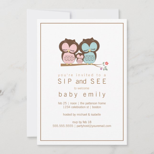 Niedlich Owl Family Sip und Babygrün Einladung (Vorderseite)