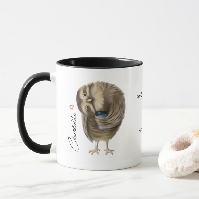 Niedlich Owl Funny Liebe Script Personalisierter N Tasse (Mit Donut)