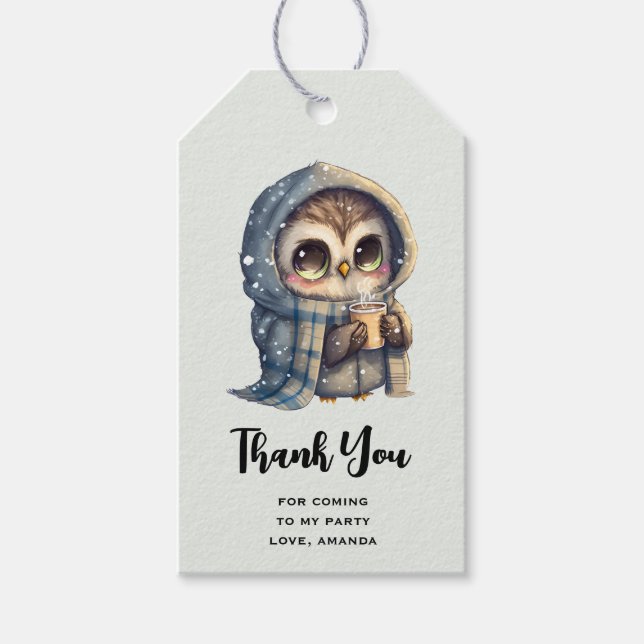 Niedlich Owl Holding einen Kaffee Party Danke Geschenkanhänger (Vorderseite)