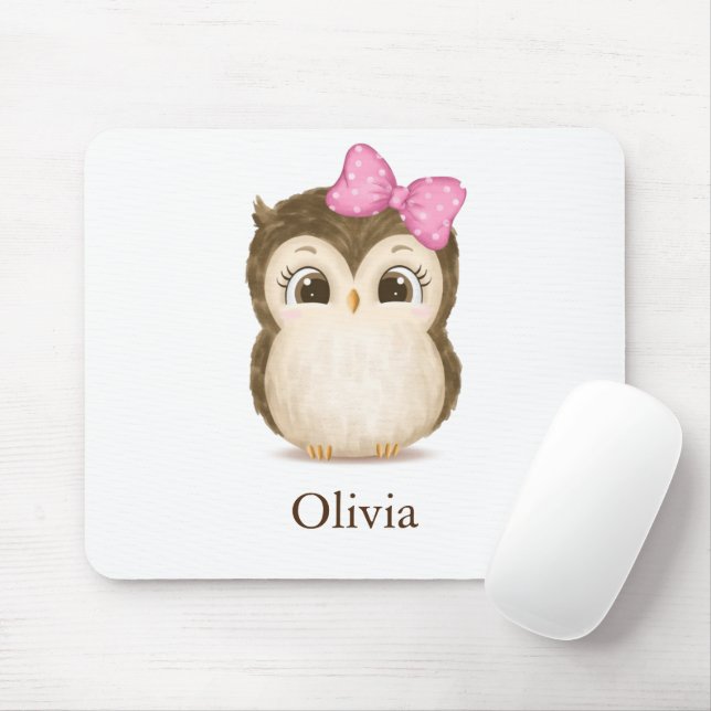 Niedlich Owl Pink Bow Girl Wasserfarbe Name Mousepad (Mit Mouse)