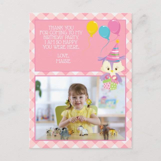Niedlich Owl Pink Gingham Child's Birthday Danke Postkarte (Vorderseite)