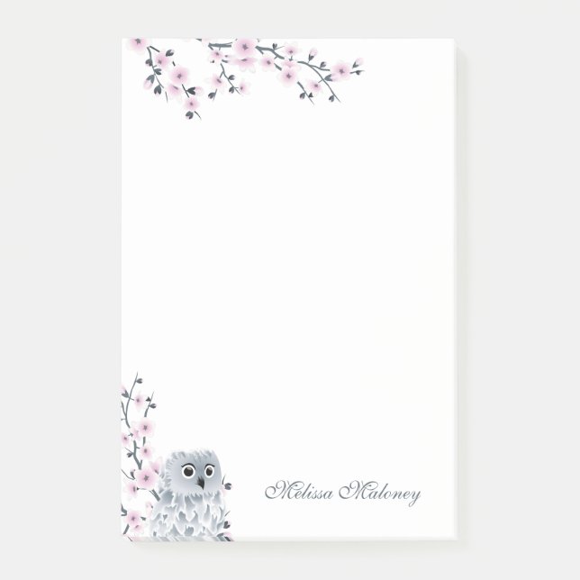 Niedlich Owl Pink Grau Monogramm Post-it Klebezettel (Vorderseite)