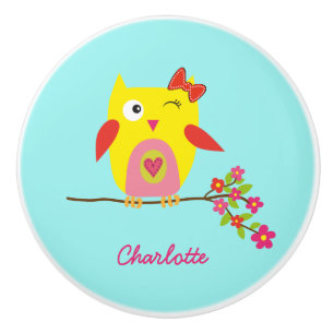 Niedlich Owl Yellow Pink Blume Personalisiert Name Keramikknauf