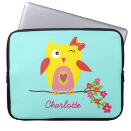 Niedlich Owl Yellow Pink Blume Personalisiert Name Laptopschutzhülle