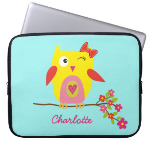 Niedlich Owl Yellow Pink Blume Personalisiert Name Laptopschutzhülle