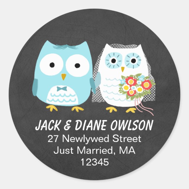 Niedlich Owls Newlywed Couple | Moderne Rücksendea Runder Aufkleber (Vorderseite)