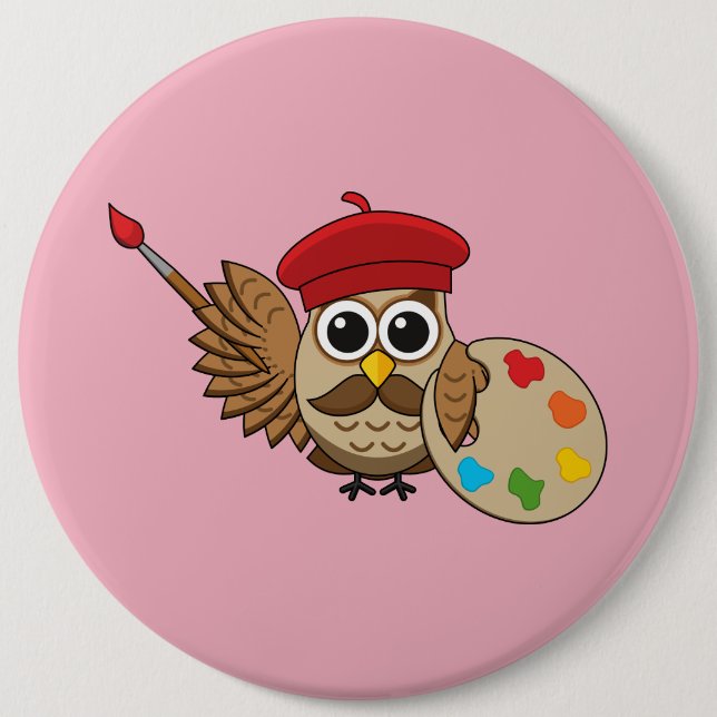 Niedlich Painter Owl Cartoon Button (Vorderseite)