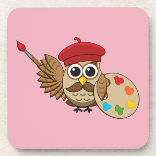 Niedlich Painter Owl Cartoon Getränkeuntersetzer